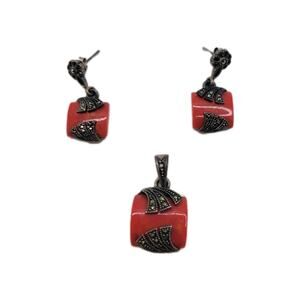 Vintage Pendant And Earrings Sterling Silver RED Coral MEXICAN .925 Marcasite